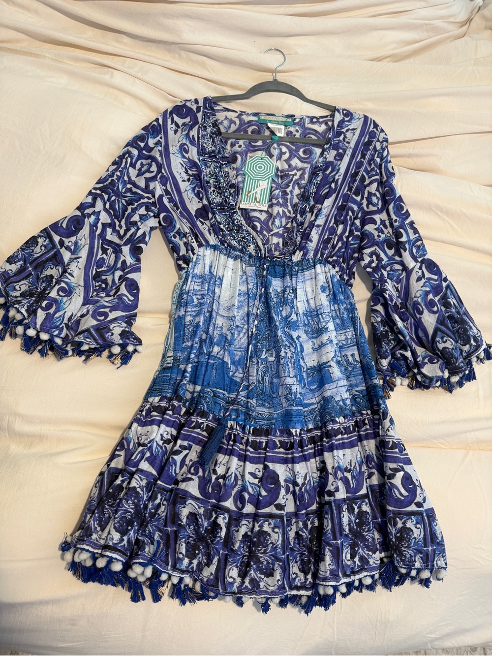 Blue Printed V-Neck Tassel Mini Dress